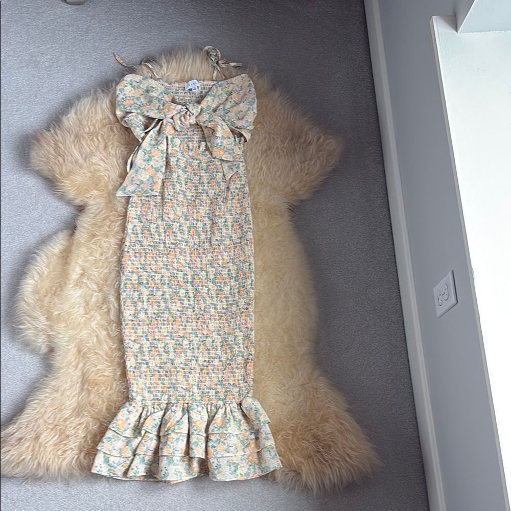 Maternity Floral Bow Midi Dress in Pastel Peach & Mint.